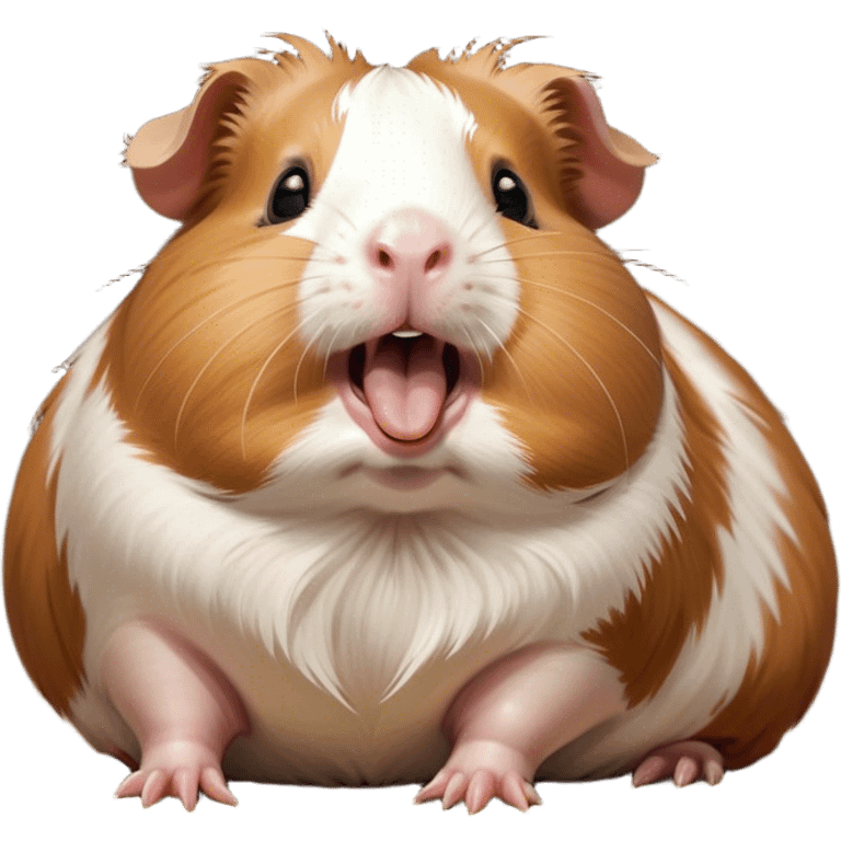 Cinematic Cute Yawning Brown and White Banded Guinea Pig Portrait Emoji, Head tilted slightly with a dramatic, wide-open yawn, revealing a soft, banded coat of brown and white with tiny, droopy ears, round dark eyes barely open in drowsy contentment, Simplified yet irresistibly adorable features, highly detailed, glowing with a soft, cozy glow, high shine, relaxed yet expressive, stylized with a touch of whimsy, bright and endearing, soft glowing outline, capturing the essence of a sleepy yet affectionate guinea pig, so drowsy it feels like it could stretch out of the screen and curl up for a nap! emoji