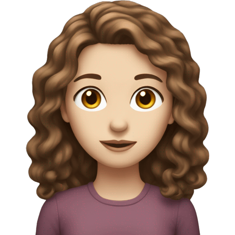 A beautiful girl with wavy brown hair, white skin, long face, slanted eyes and small nose.  emoji