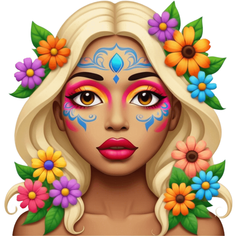 psychedelic colored lips surrounded by hippie style flowers emoji