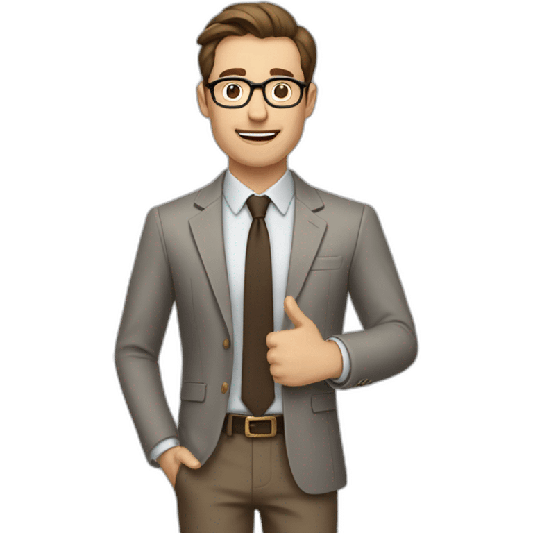 To belt Actively gesturing with hands 👌 Pale skinned fit man with dark brown hair in gray jacket, beige office shirt, brown tie, brown pants and vintage glasses. emoji