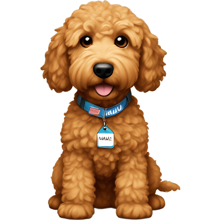 Mini brown golden doodle with a name tag that says Maui emoji