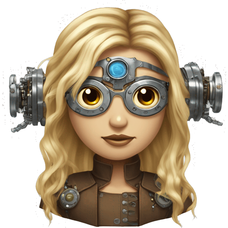 Brown long hair with blonde steaks female cyborg head, fair skin, steampunk goggles and circuits emoji