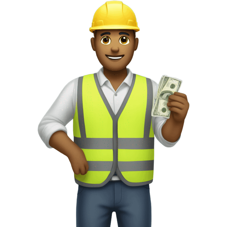 A construction worker wearing a vest giving money to another man in a suit.  The man on the left should have white skin and no hat.  emoji