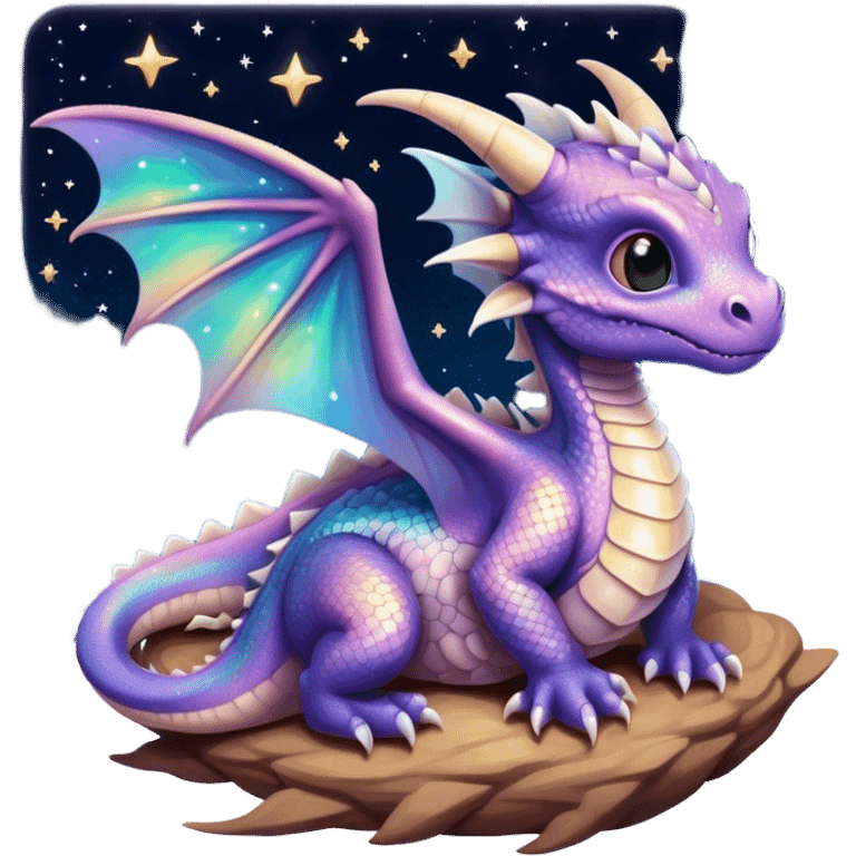 Airbrush painted image of a dragon hatchling under a deep galactic sky with pearlescent scales and wings spread against the stars emoji