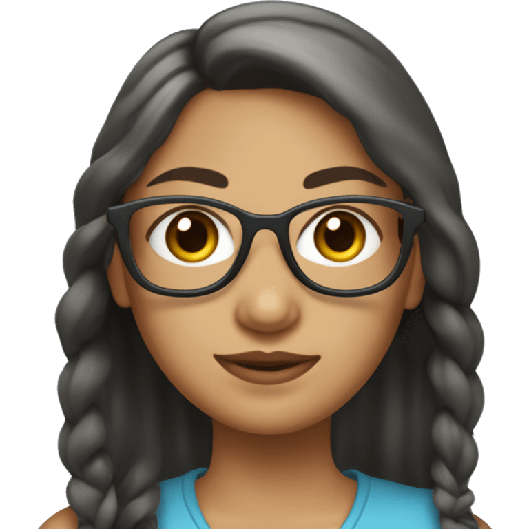 mujer de piel clara con lentes,ojitos chinos,pelo oscuro y recogido con una coleta,con blusa azul, emoji