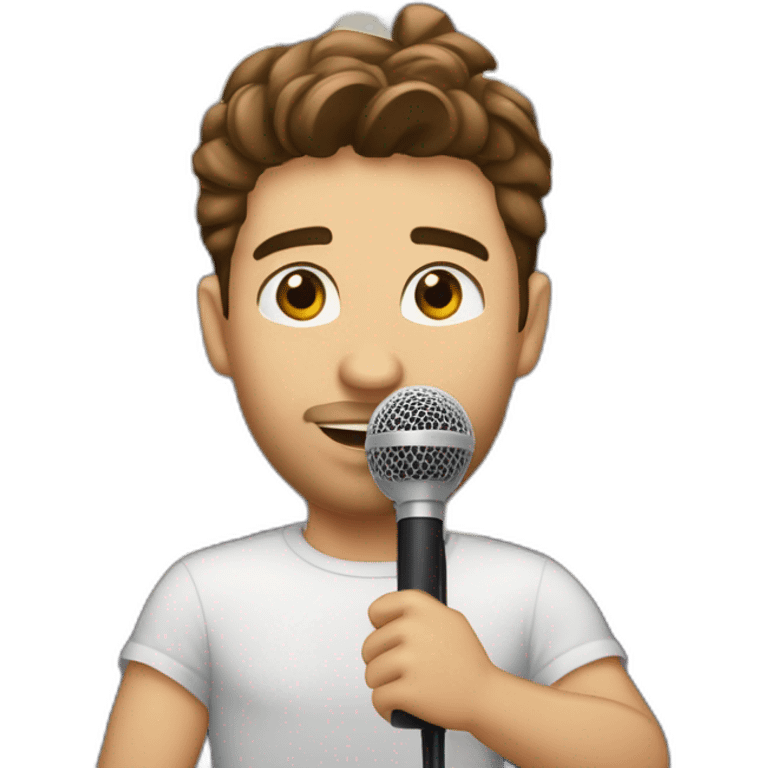  men with brown hair and light skin with microphone stand in front of him with show spotlights on a stage and many lights and spotlights on a raised stage emoji