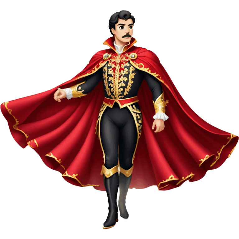 Spanish Matador – Cinematic Realistic Spanish Matador, portrayed in an ornate traje de luces with a flowing red cape, standing poised in a classic bullring with swirling dust and dramatic light, his intense expression and elegant stance capturing both bravery and artistry. emoji