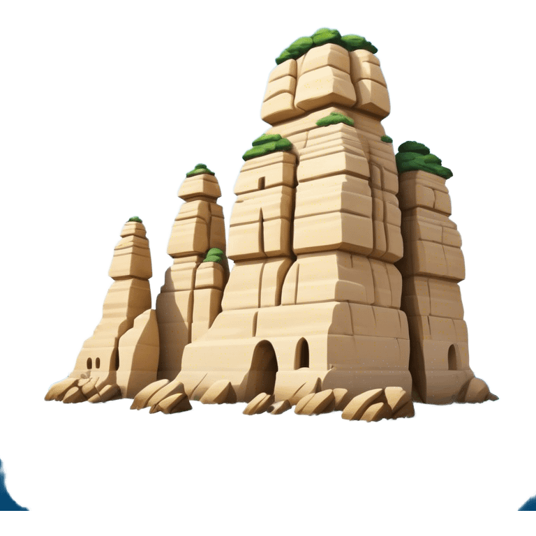 Cinematic Realistic Raouche Rocks, Beirut Landmark Emoji, depicting the majestic limestone rock formations rising from the Mediterranean Sea, with waves crashing against their bases under a vibrant sky. emoji