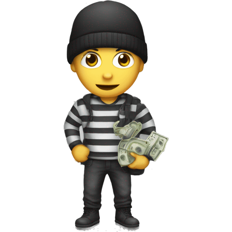 robber with grey beanie, striped black and white shirt,and bag of money emoji