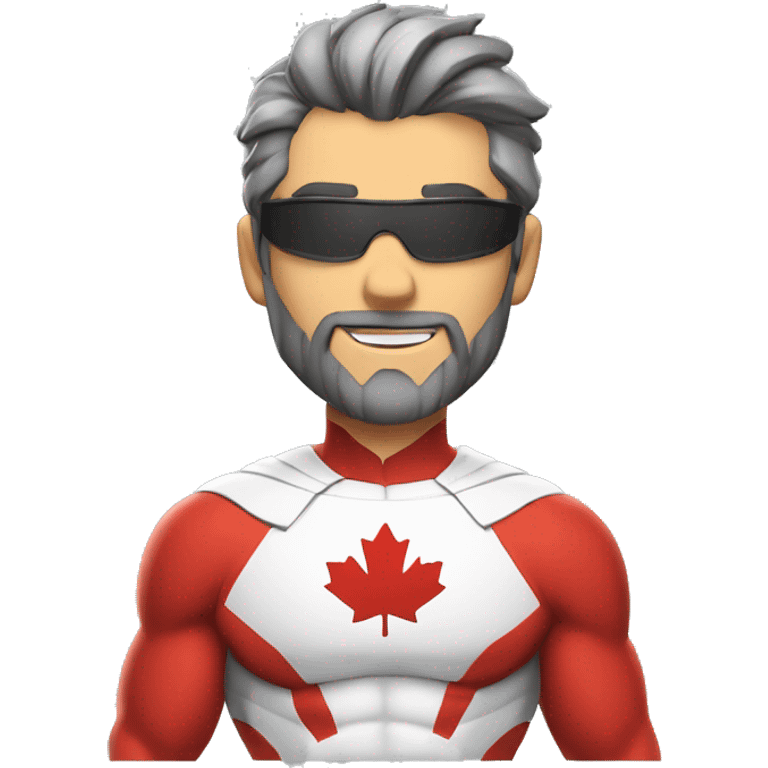 a male canadian superhero, light beard, wearing red and white clothes ¨has a mapple leaf on chest and dark grey hair in a ponytail emoji