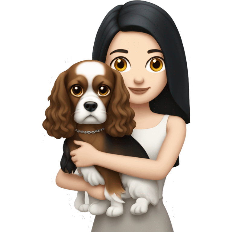 pale white girl with black hair holding a king charles emoji