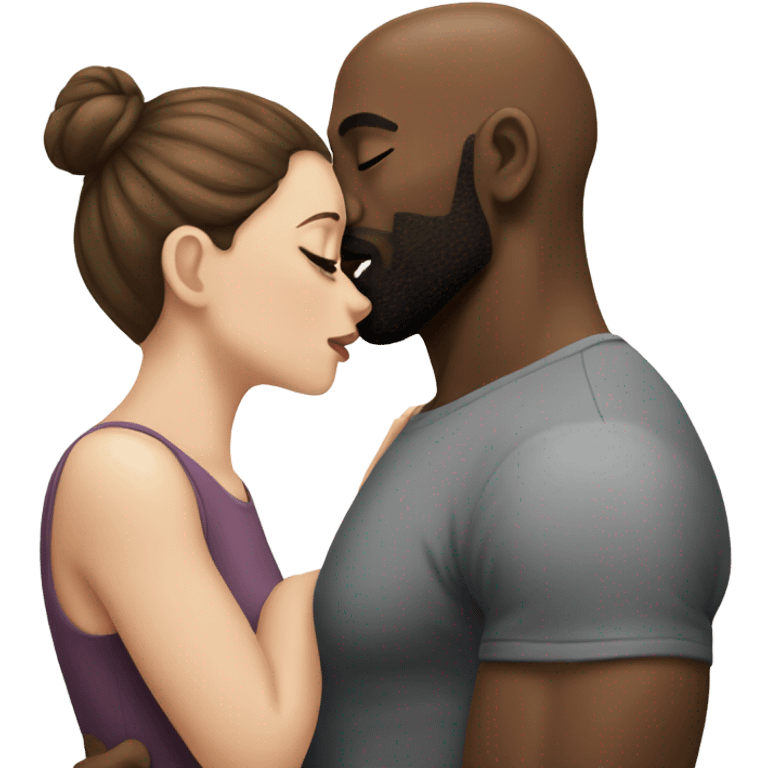 White girl brunette kissing muscular black bald man with beard emoji