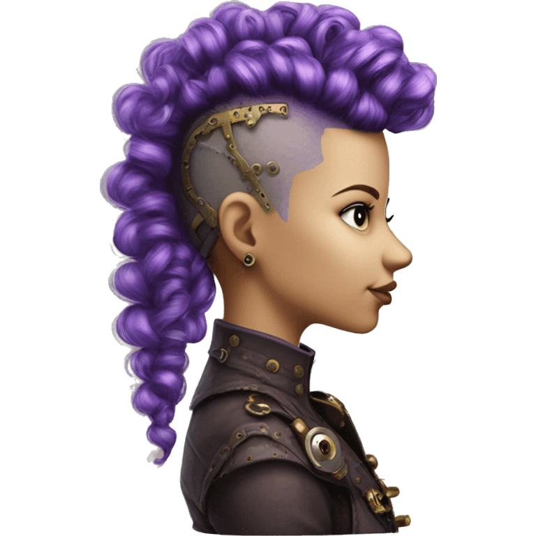 Photorealistic steampunk profile short mohawk purple  curl on Caucasian girl with small nose round face emoji