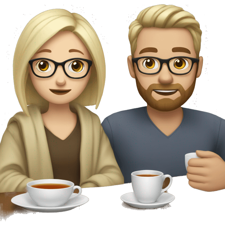 Pale blonde girl wearing glasses and short brown haired bearded man drinking tea under blanket emoji