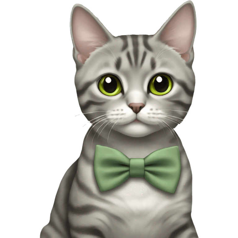 Aesthetic round-faced grey tabby British short hair full body cat with sage green bow tie emoji