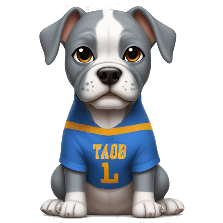 Gray Micro bully with cropped ears dog wearing a blue basketball jersey  emoji