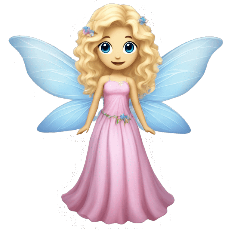 Fairy, a blonde hair with blue eyes and a pink dress with sparkly wings. Flowers. White wings. The fairy has long, curly hair with a lot of volume emoji