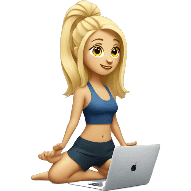  Blonde girl do yoga with Mac book  emoji