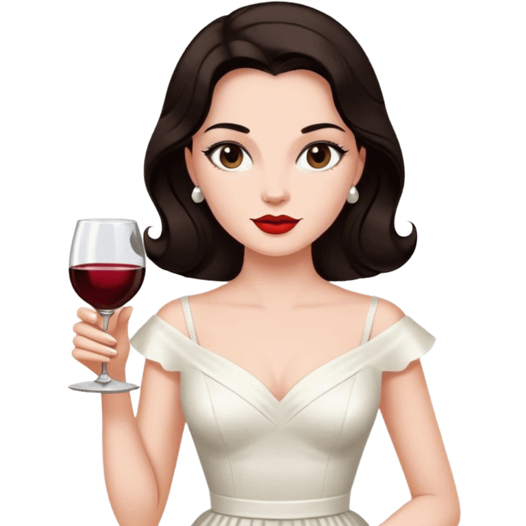 Beautiful woman in 1950’s woman fashion look, white dress, long dark brown hair, wine, emoji