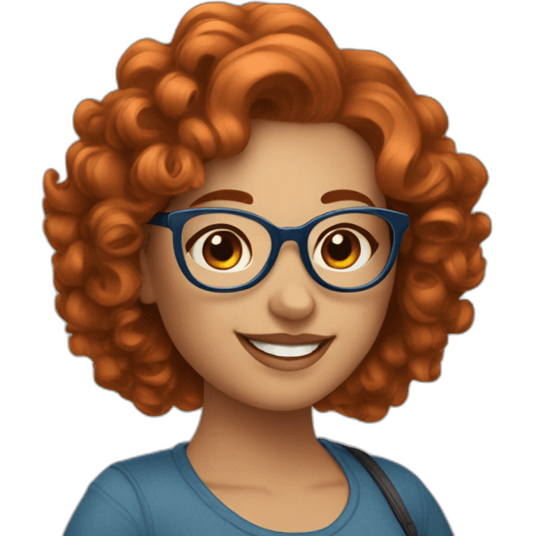 pretty curvy girl with curly copper hair and blue glasses saying hola emoji