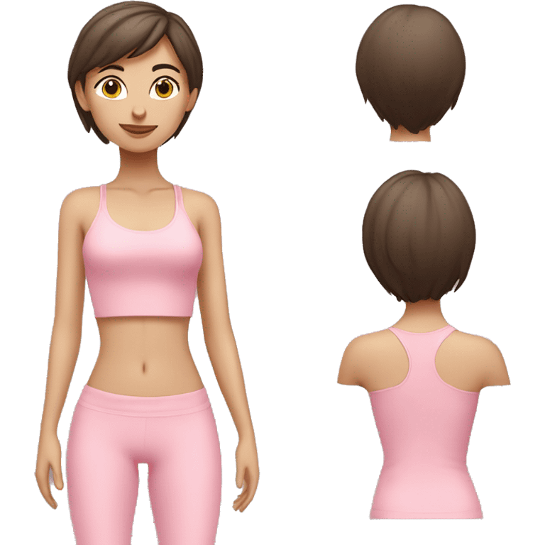 Brunette short hair yoga girl light pink clothes n emoji