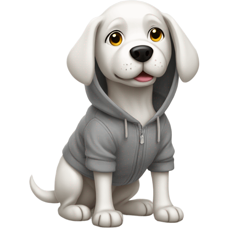 White dog wearing a grey hoodie  emoji