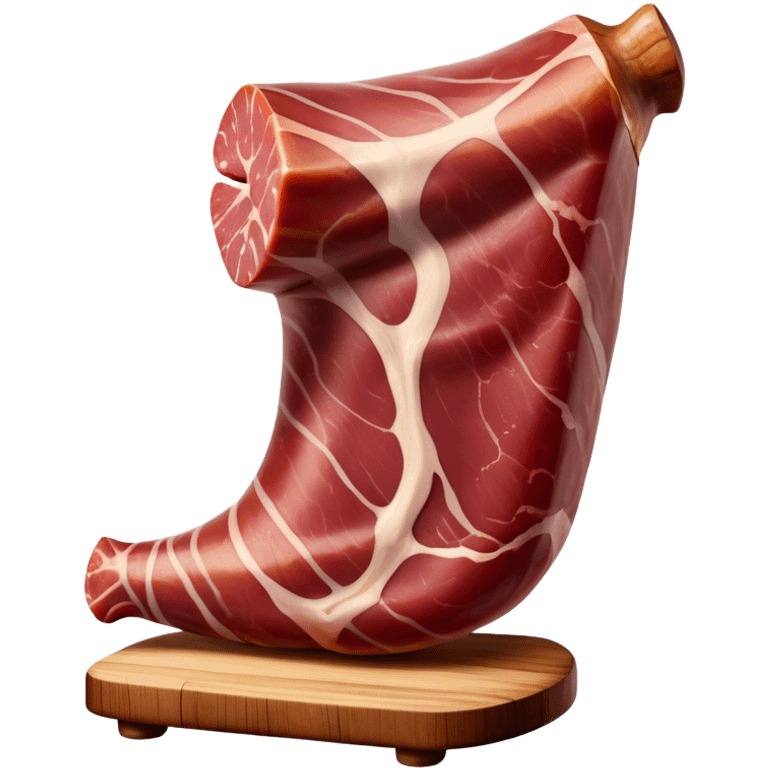 ​Cinematic Realistic Spanish Jamón Leg, depicted as a massive, cured leg of Jamón serrano with a deep reddish-brown hue, intricately marbled and slightly glossy with age, elegantly displayed on a rustic wooden stand and bathed in warm, soft lighting that accentuates its artisanal heritage, emoji