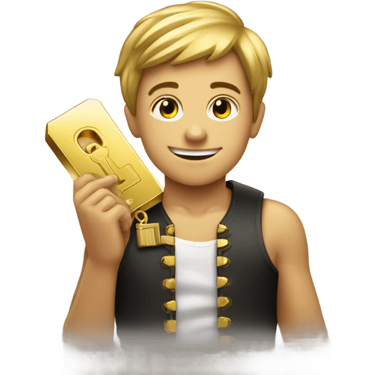 Smirking boy with lock in one hand and gold bar in the other emoji