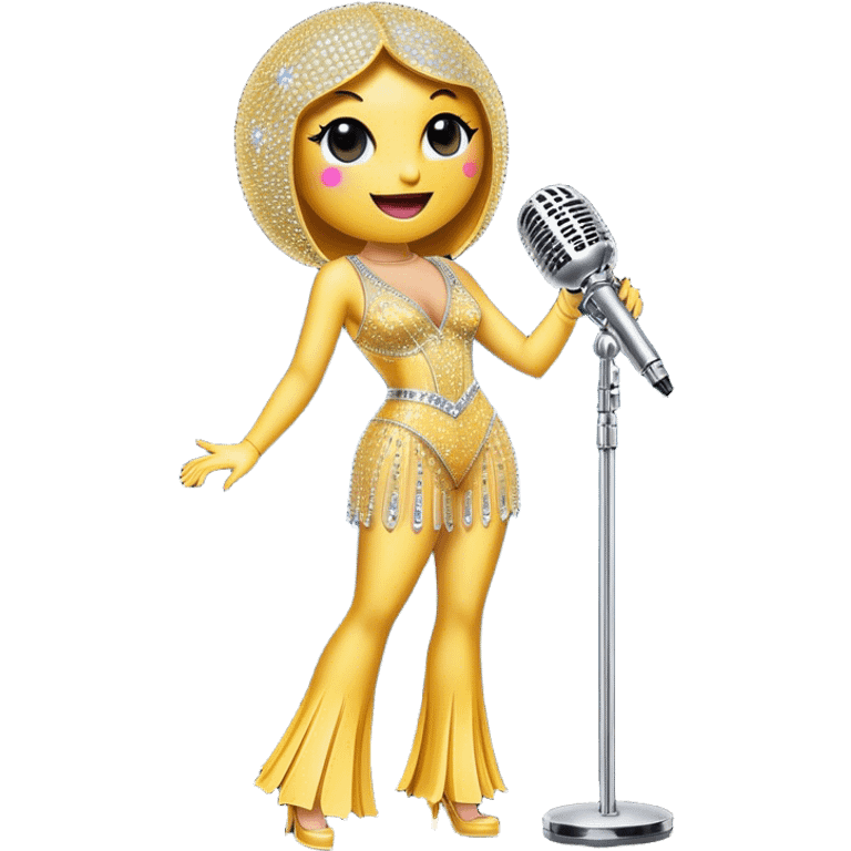 Create a glamorous and vibrant emoji representing stage vocal performance. The design should feature a humanless collage of classic vintage microphone, stage costume covered in rhinestones, large scene speakers, scene lights. The costume should be stylized, with glittering elements like sequins and sparkles, and reflect the glitzy, extravagant nature of show business. The microphone should have a sleek, retro look with chrome or metallic accents. Use rich, dazzling colors like gold, silver, deep purple, and bright red to evoke the glamorous, larger-than-life feel of a stage performance. The background should be transparent. emoji