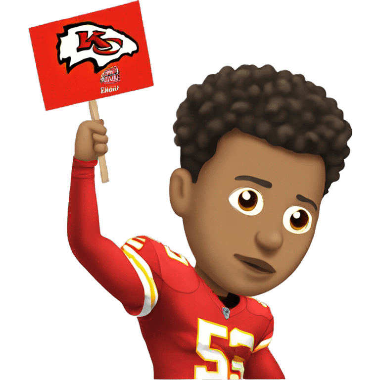 Man holding sign that says “pat mahomes sucks” emoji