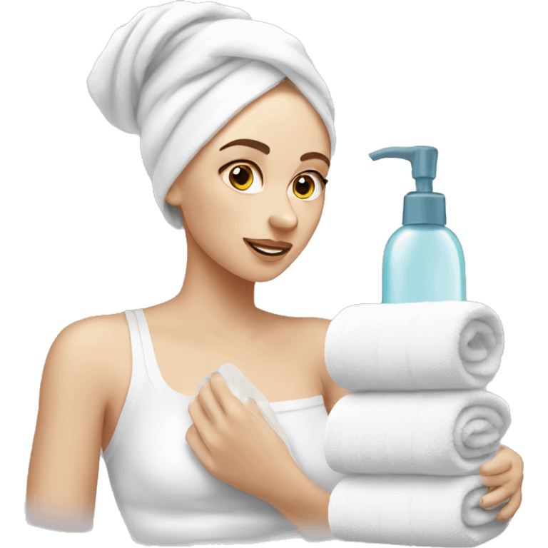 White girl doing her skincare with a wrapped towel emoji