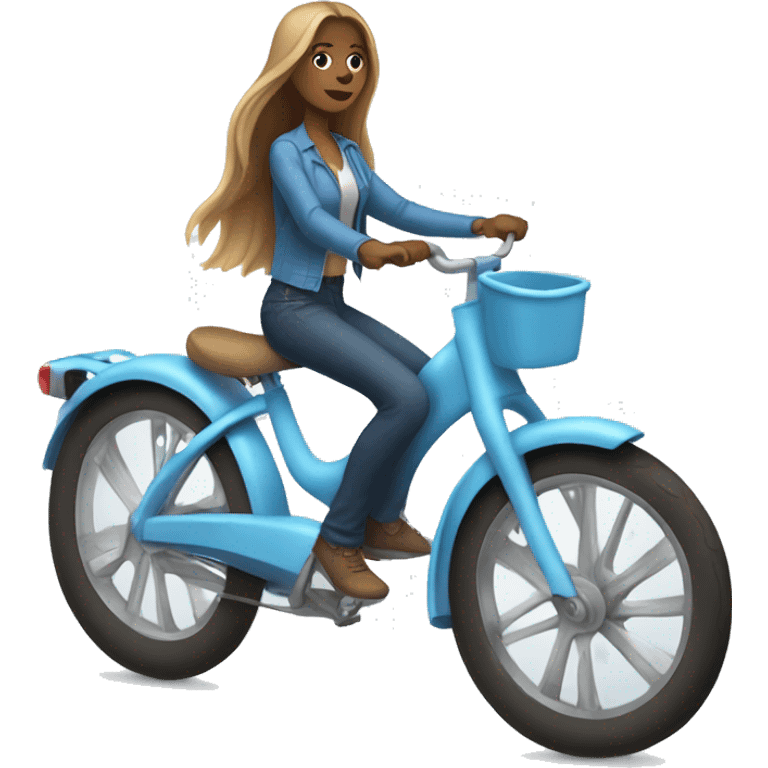 Girl riding baby blue bike, she has light brown long hair emoji