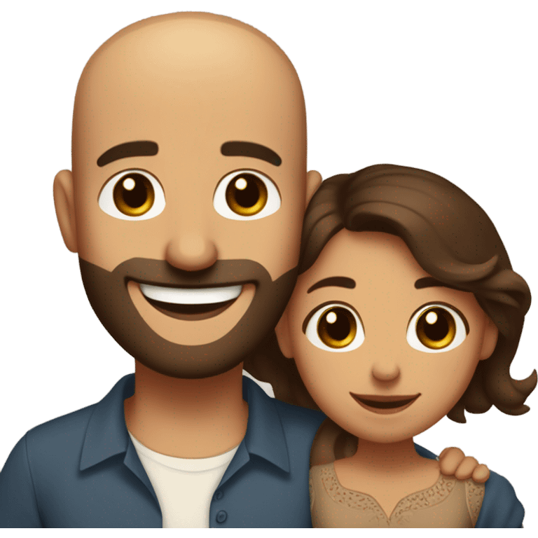 Brown-haired Puerto Rican woman with dark brown eyes wearing a cute blouse giving comforting hug to short, bald man with brown eyes, laugh lines, and a beard emoji