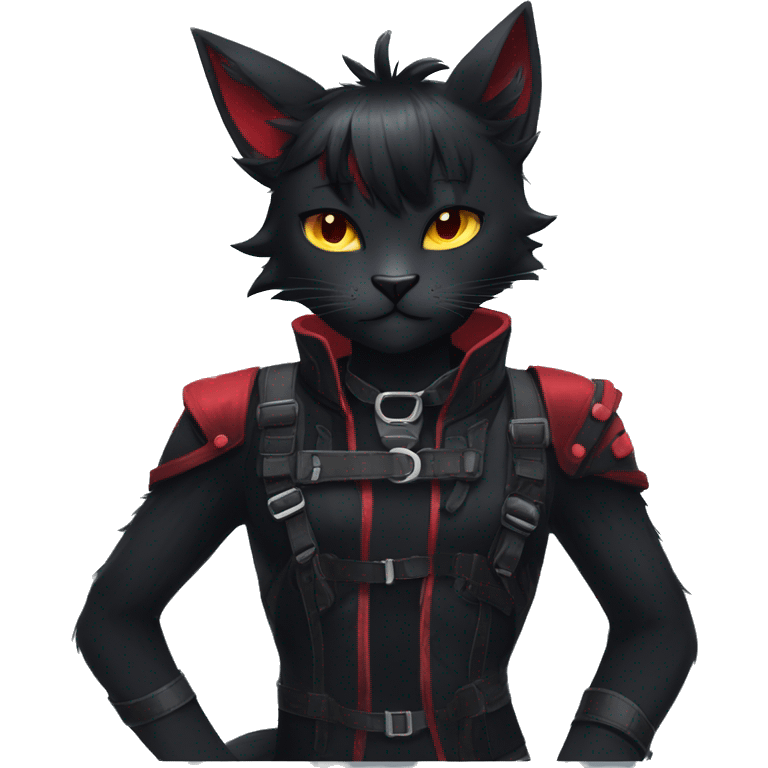 Anthro Edgy Cool Beautiful Black Cat-Fursona-Fakemon with Emo Hair-bangs with Red Streaks Chest Harness emoji