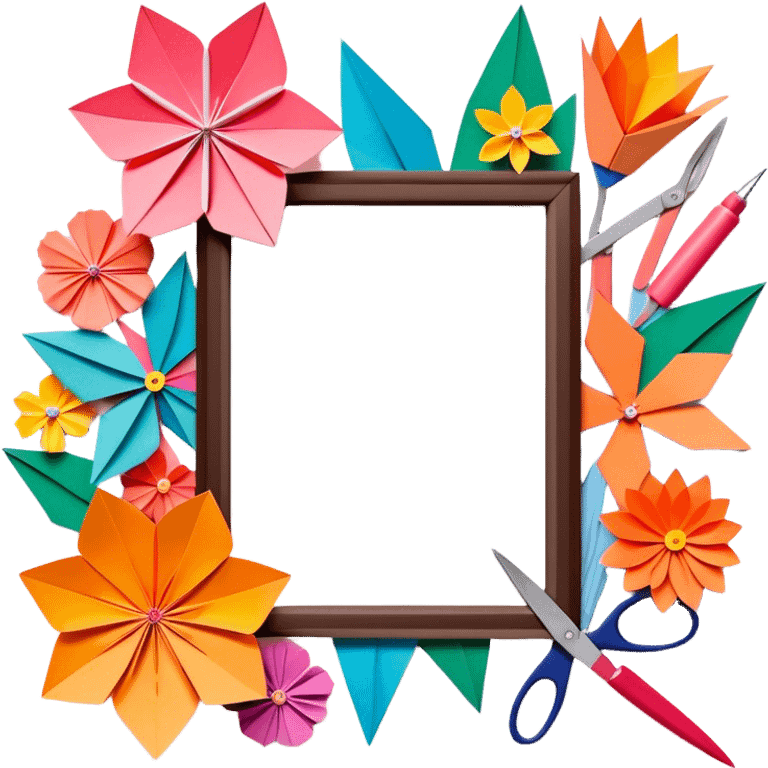 Paper crafting icon, various paper crafts like origami, 3D paper flowers, and scrapbooking materials, visible tools such as scissors, glue stick, and colour paper sheets, colorful paper patterns, minimalistic style, clean lines, transparent background. emoji