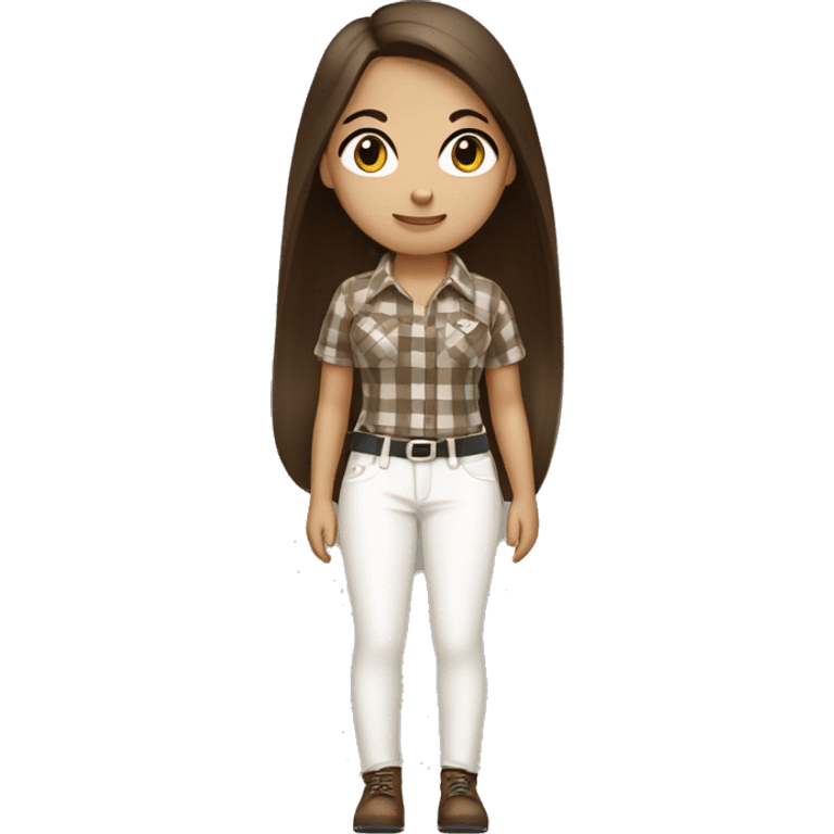 a brunette girl with long straight hair stands in a brown checkered shirt and white pants, in white headphones with a small black handbag emoji