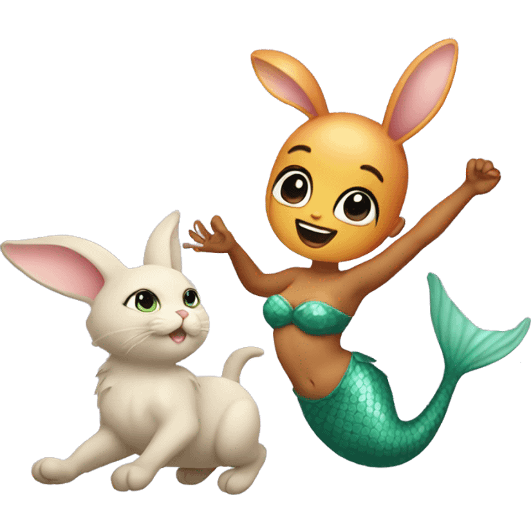 A bunny mermaid dancing with a cat emoji