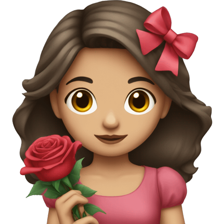 Brunette girl holding roses with a bow emoji