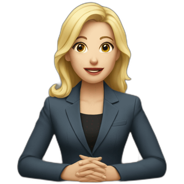 Blonde white woman wearing a suit sitting on the table telling the news towards the camera emoji