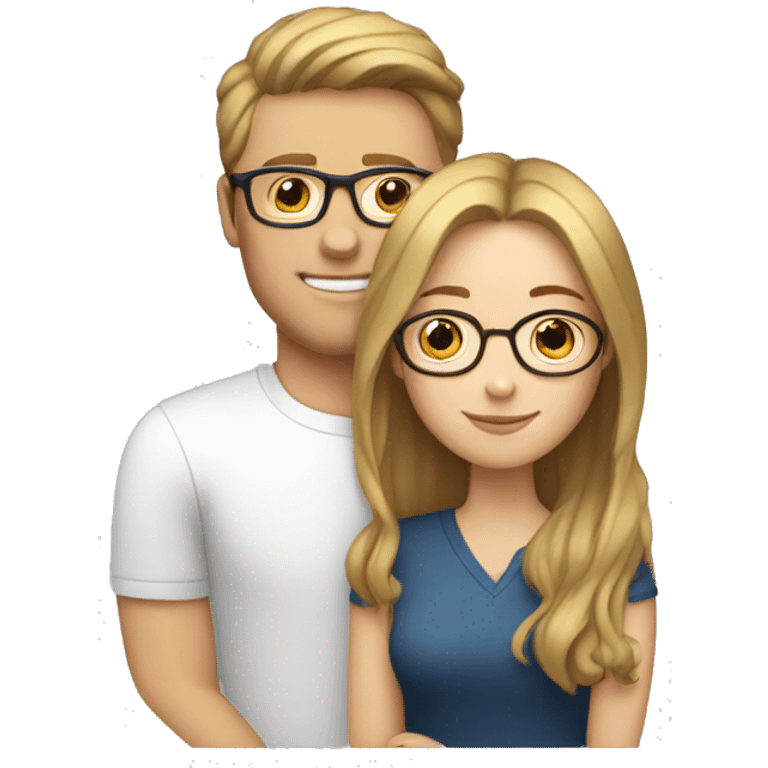 A white woman with brown hair and blonde highlights and a white man with brown hair and glasses hugging emoji