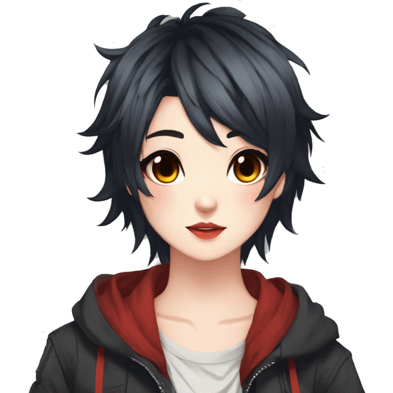 Gorgeous anime style tomboy-lady with blushing face aesthetic and pretty edgy black red punk hair with hair garment trending style emoji