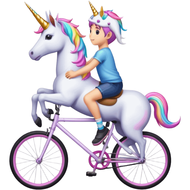 Boy riding a bike on back wheel with unicorn on Head emoji