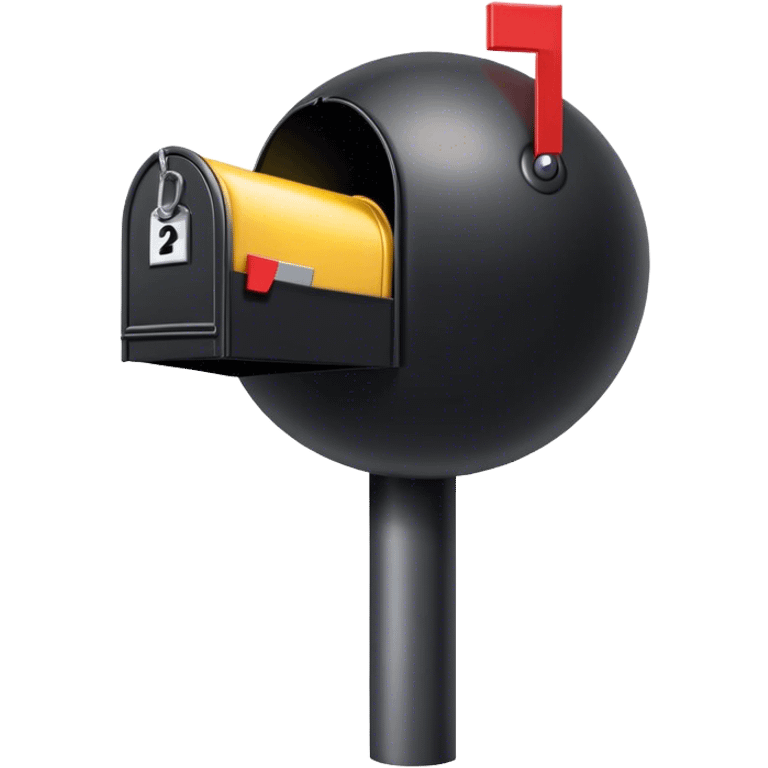 Black spherical object with a fuse attached, sitting inside open mailbox emoji