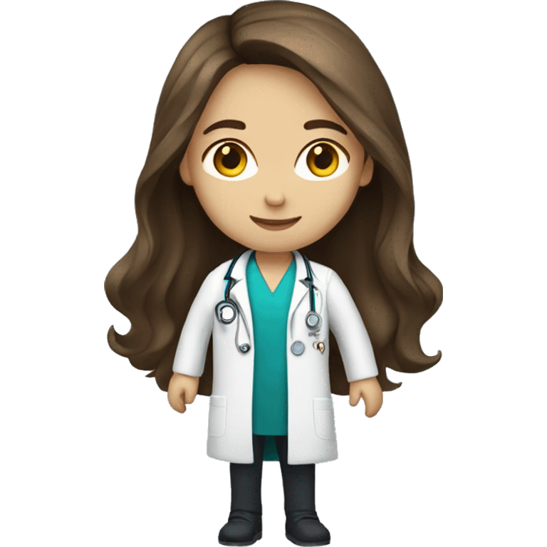 brunette with long hair and fair skin in doctor coat emoji