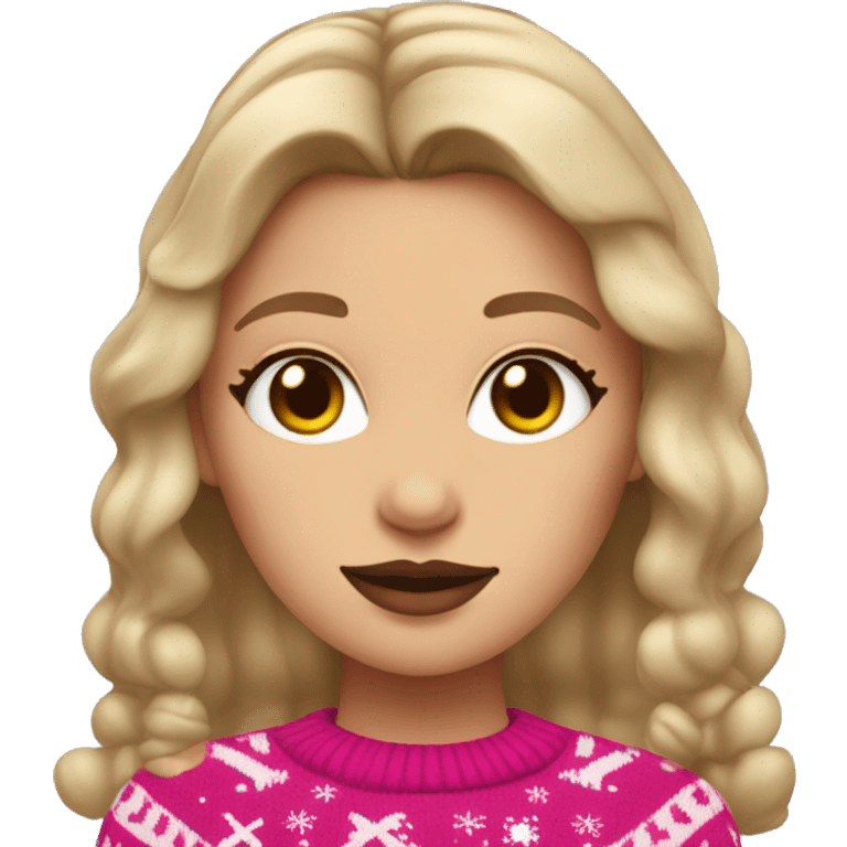 dark blond hairwd girl with christmas sweater and raindeer horns and pink lipstick emoji