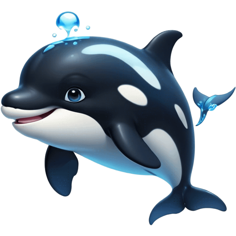 Cinematic Cute orca Portrait Emoji, Head tilted playfully and inquisitively, featuring a smoothly rounded body with bright, sparkling eyes and an adorable, friendly smile, Simplified yet irresistibly adorable features, highly detailed, glowing with a warm, ocean-blue glow, high shine, affectionate and lively, stylized with a touch of whimsical aquatic charm, soft glowing outline, capturing the essence of a mischievous yet endearing orca that seems as if it could leap right into your heart! emoji