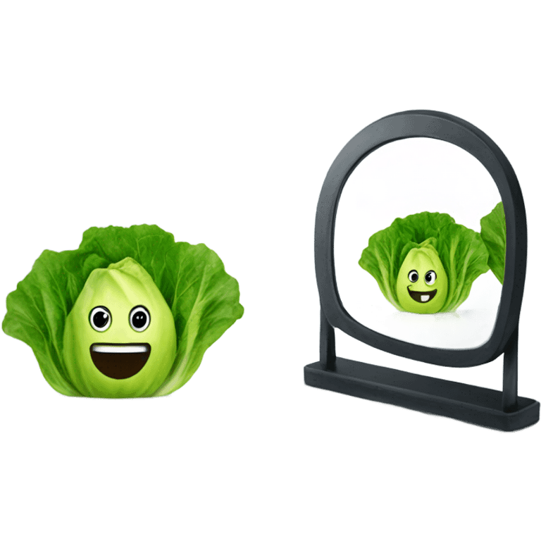 lettuce with a happy face holds a mirror in his hand and looks at it emoji