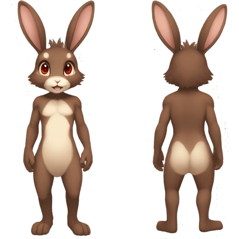 Anthro, Fur-Sona, Dark-Brown, Normal-type-Ground-type Tan-Rabbit-Fakémon with Dark-Red eyes, beige belly, beige paws, beige feet, beige freckles, full body emoji