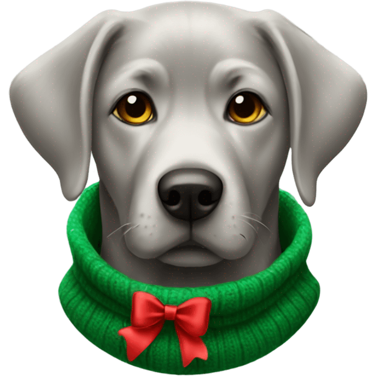 Silver lab with green Christmas sweater with red bow emoji