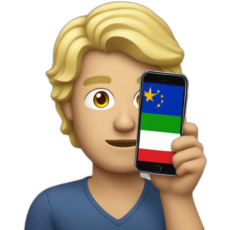 A man in his middle age, with blond hairs, holding an iphone in one and a portugueese flag in the other hand  emoji